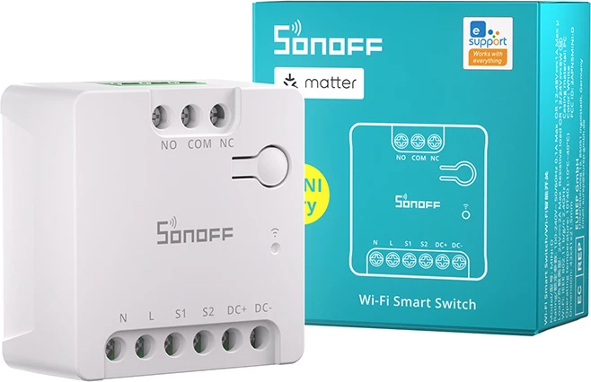Switch i mençur Sonoff MINI-D, WiFi, Matter, AC/DC 12-48V, kontakt i thatë, Bardhë