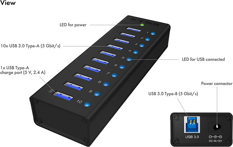USB hub ICY BOX IB-AC6110, 10 porta, USB 3.2 Gen 1, alumini, e zezë