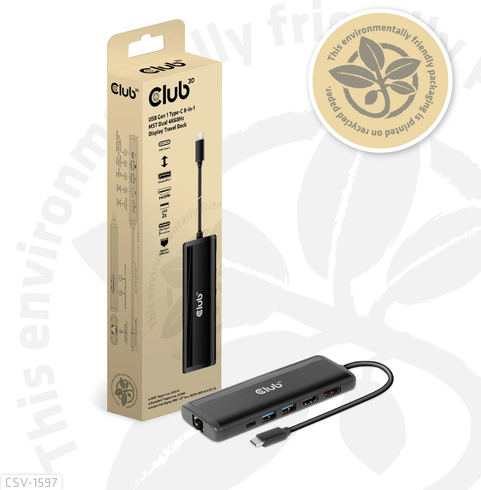 USB hub Club3D USB-8-in1-HUB, USB-C, HDMI/DP/2xUSB/USB-C/RJ45, 100W, i zi