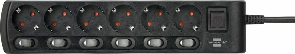 Zgjatues rryme Brennenstuhl Socket Line 1153110116, 6 priza Schuko, kabllo 2 m, 16 A, me switch-e individuale të ndriçuara, i zi