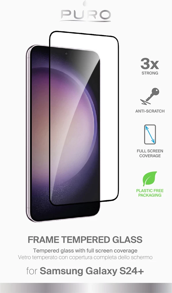 Xham mbrojtës Puro Frame Tempered Glass për Samsung Galaxy S25+ / S24+, me kornizë të zezë