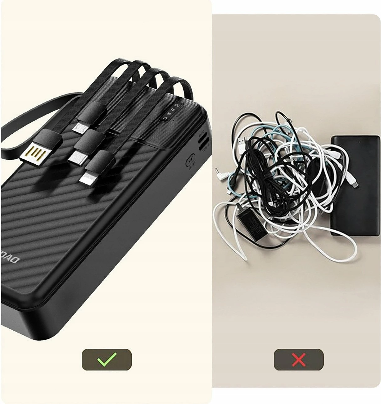 Powerbank Dudao K11 Pro 20000mAh, 4 kabllo të integrume, 10W, e zezë