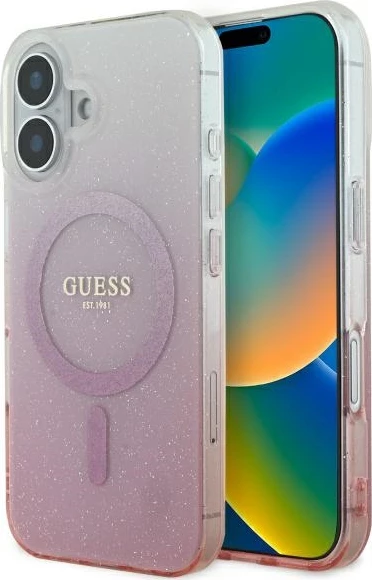 Mbështjellës Guess IML Glitter Gradient MagSafe për iPhone 16, Rozë