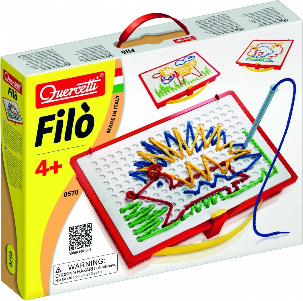 set krijues qëndisje me grep, Quercetti Filò 0570, tabelë me vrima vetë-mbyllëse, 8 litarë, 4 grepa, shabllone dhe album, 4+, shumëngjyrësh