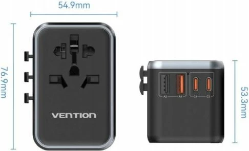 Adapter universal udhëtimi me karikues Vention 65W, i zi