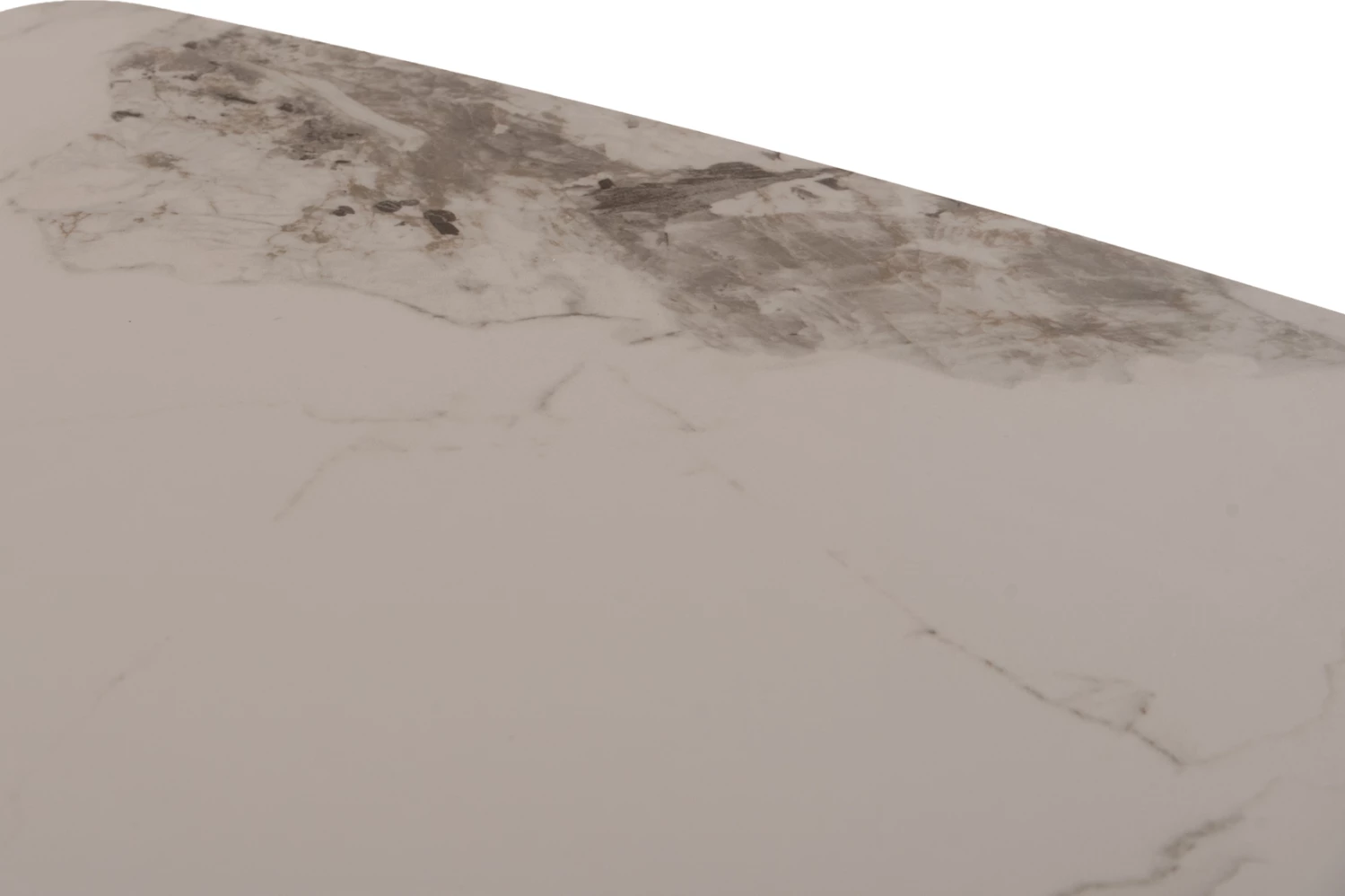 Tavolinë ngrënie Minao, këmbë MDF ngjyrë hiri e errët, sipërfaqe qeramike efekt mermeri e bardhë/kafe, 160x90x75 cm