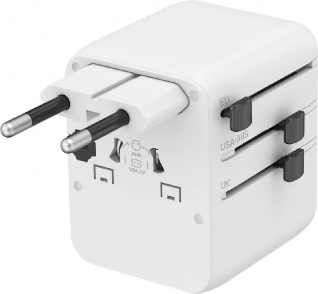Adapter udhëtimi universal murit, Gembird, TPA-1A2C20-01-W, 20W GaN me 2x USB-C + USB-A dhe prizë AC, me plugje US/UK/EU/AU, i bardhë