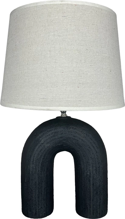 Llambë tavoline Archo, bazë qeramike e zezë-bezhë, abažur liri, D30x45cm