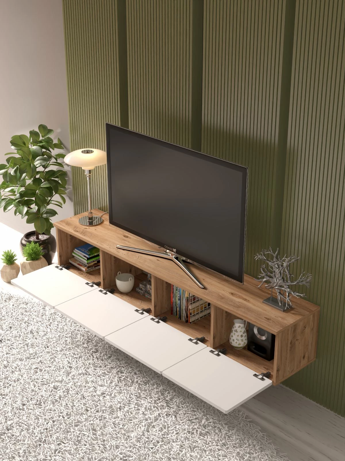 Komodë TV Skye Decor, Norvia 180, ngjyrë pishë Atlantike dhe e bardhë