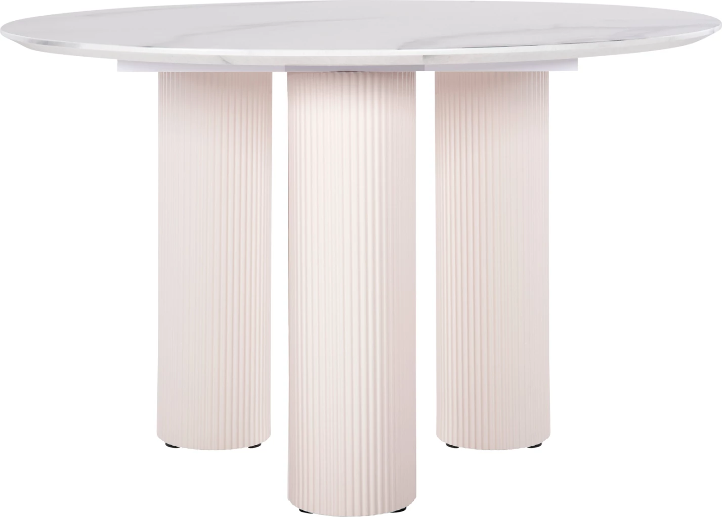 Tavolinë e rrumbullakët për ngrënie, DORIK, sipërfaqe tavoline mermeri të bardhë, MDF, këmbë MDF të bardha, Φ120x77H cm