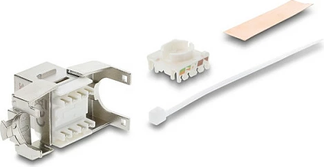 Modul Keystone DeLOCK RJ45 në LSA, Cat6A, i mbrojtur, pa vegla, me kapak pluhuri, Argjend/Bardhë
