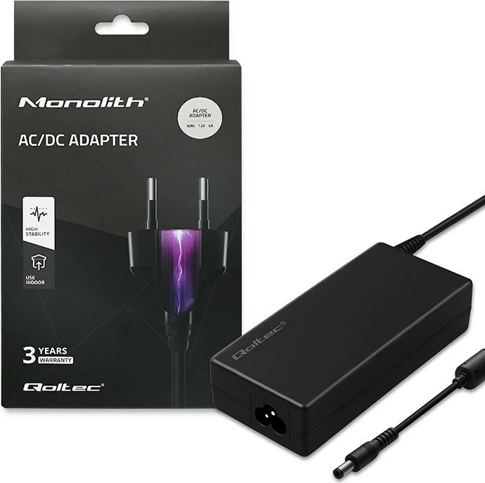 Adapter rryme AC/DC, Qoltec, 50799, 60W 12V 5A, konnektor 5.5 x 2.5 mm, e zezë, me kabllo rryme + rrip organizues
