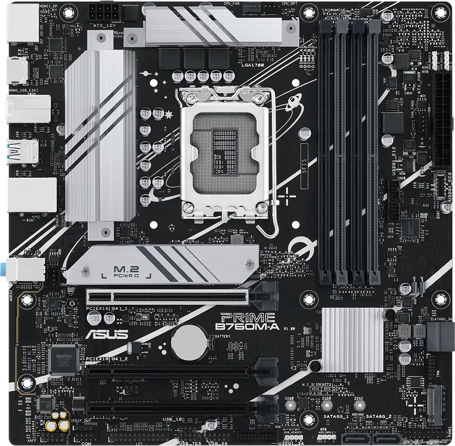 Pllakë amë ASUS PRIME B760M-A-CSM, LGA1700, mATX, DDR5 (4xDIMM), 2x M.2, 4x SATA, PCIe 4.0, 2.5Gb LAN, DisplayPort, 2x HDMI, Aura Sync