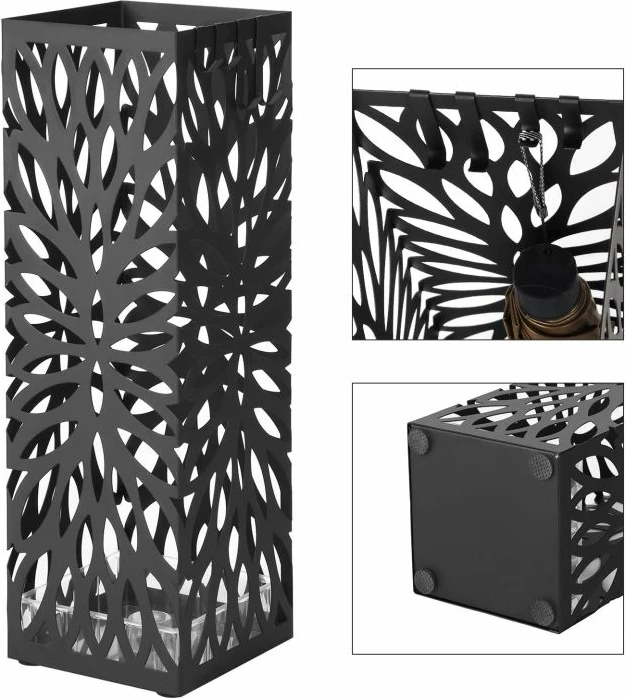 Mbajtës çadrash metalik SONGMICS LUC48B, me grepë dhe tabaka pikimi, 49 cm, i zi, set me tabaka dhe 4 grepë