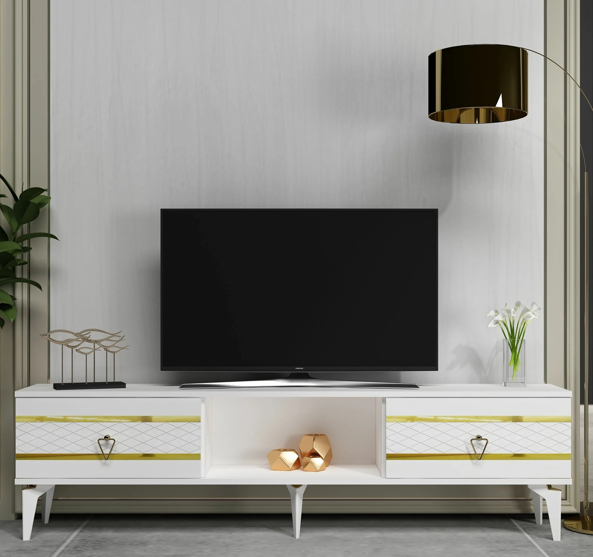 Komodë TV, ngjyrë e bardhë dhe ari, Skye Decor