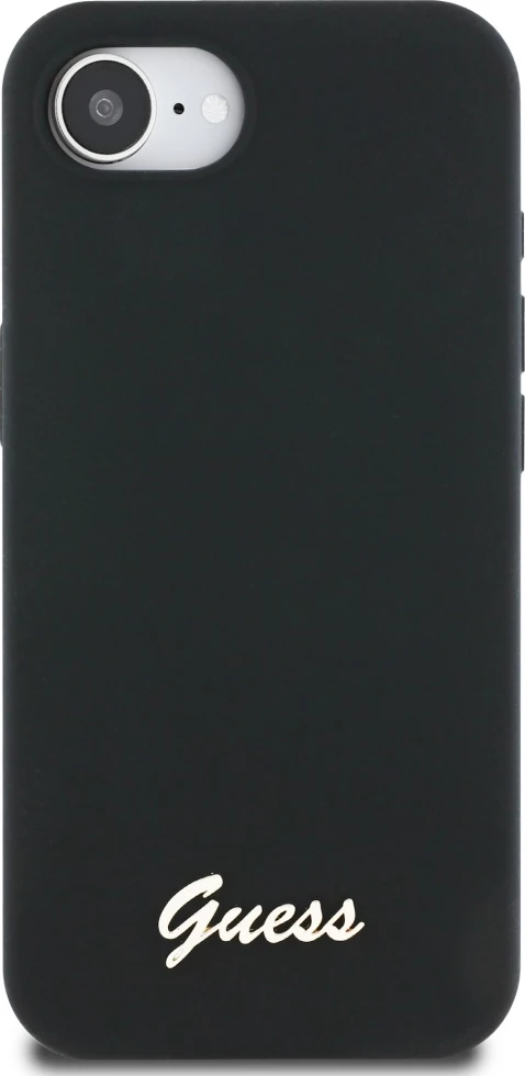 Mbështjellës Guess Silicone Script Metal Logo MagSafe për iPhone 16e, i zi