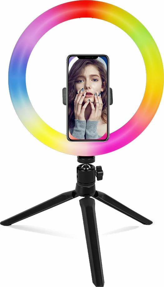 Ring light LED Mozos MLM-RING-RGB 26 cm, RGB, 10W, USB, me tripod dhe mbajtës telefoni, e zezë, set