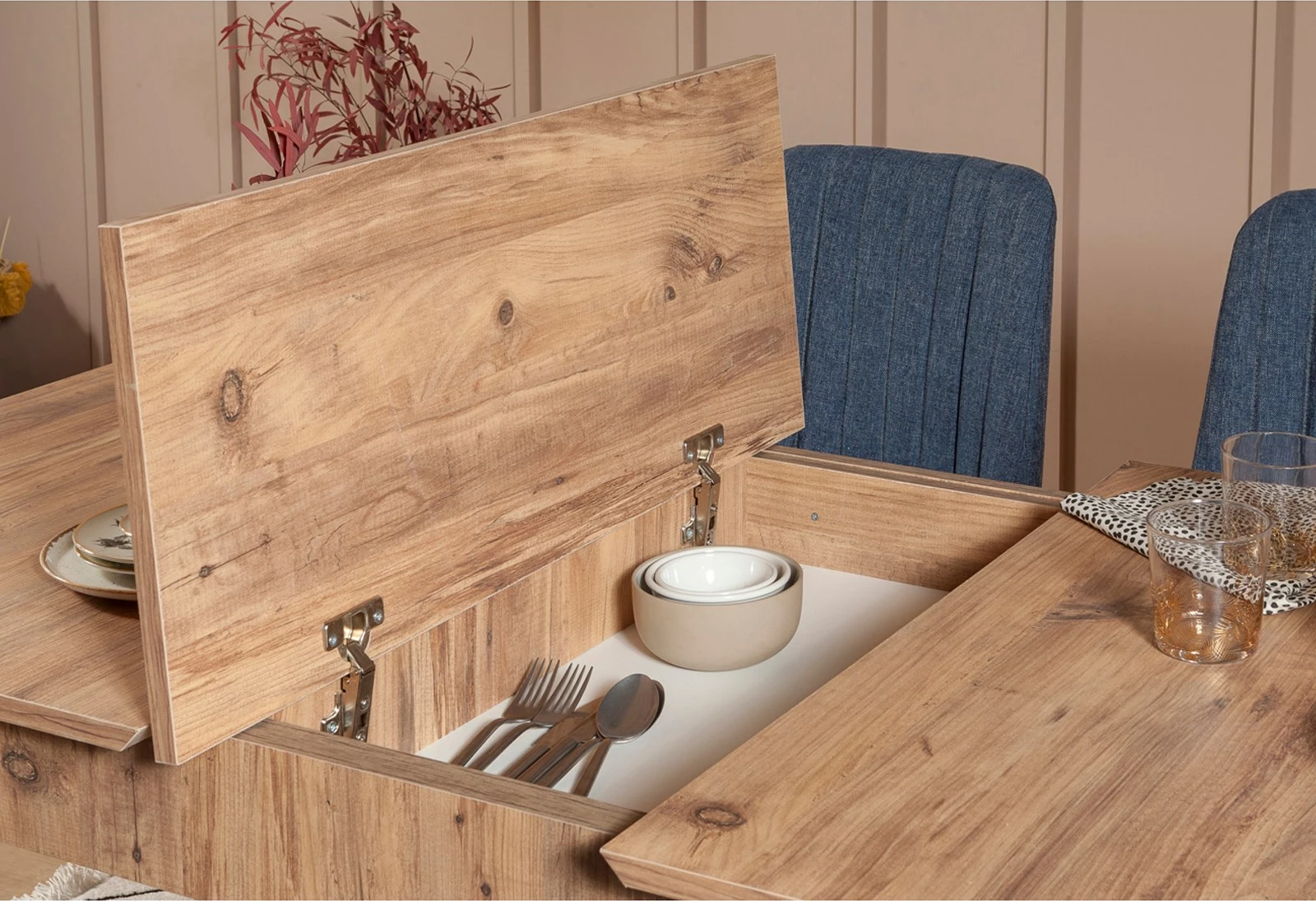 Set tavoline me karrige, e zgjatshme, 5 pjesë, Hanah Home, Vina 1048 - 4 - Atlantic, ngjyrë druri dhe blu e errët