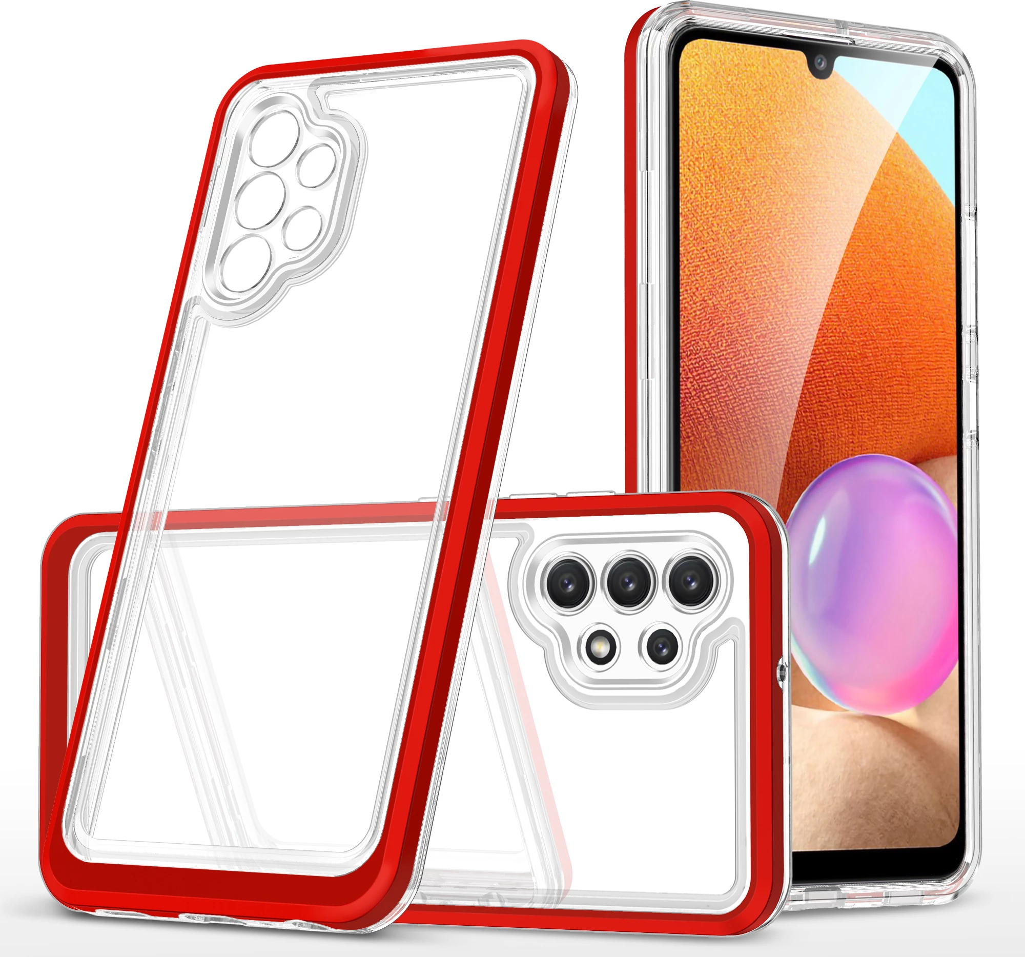 Mbështjellës Hurtel Hybrid Armor Clear 3 in 1 për Samsung Galaxy A32 5G, Transparent me të kuqe