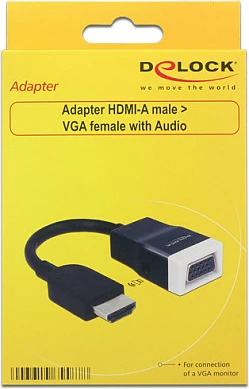 Adapter HDMI në VGA DeLOCK 65587, me audio 3.5mm, 150 mm, zi/bardhë