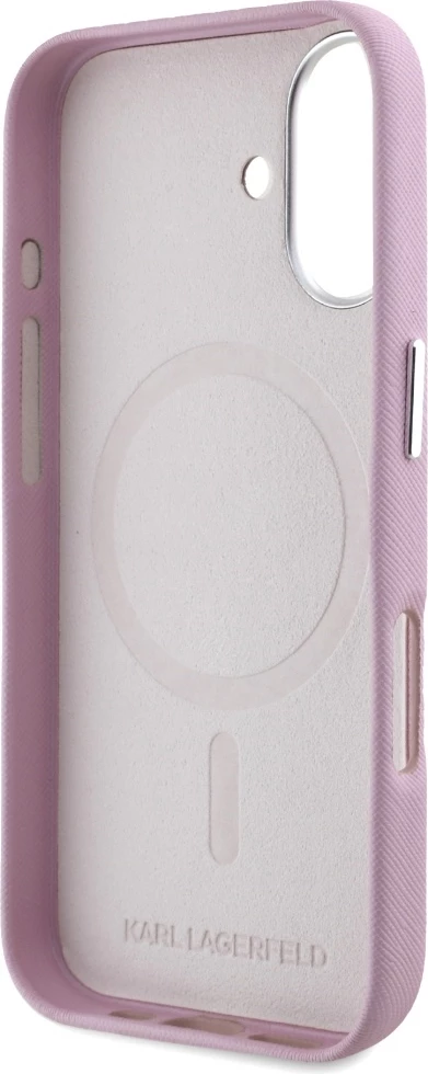 Mbështjellës Karl Lagerfeld Saffiano Full Wrapped Elongated Metal Logo MagSafe për iPhone 16, Rozë