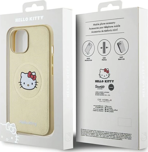 Mbështjellës MagSafe Hello Kitty Leather Kitty Head për iPhone 15 6.1\", e artë