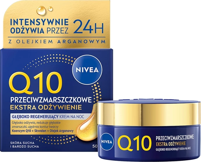 Krem nate kundër rrudhave Nivea Q10 Anti-Wrinkle Extra Nourishment Deep Regenerating për femra, 50ml