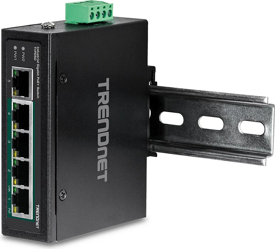 Switch industrial TRENDnet TI-PG50, 5-port Gigabit PoE+, 120W, DIN-Rail, IP30