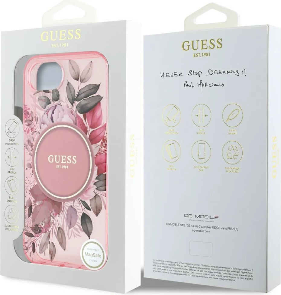 Mbështjellës Guess IML Flowers MagSafe për iPhone 16e, Rozë