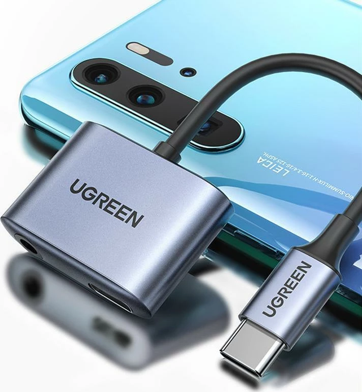 Adapter AV Ugreen CM231 USB-C në 3.5mm + USB-C, PD/QC 30W, gri