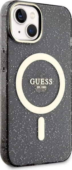 Mbështjellës Guess Glitter Gold MagSafe për iPhone 14, i zi