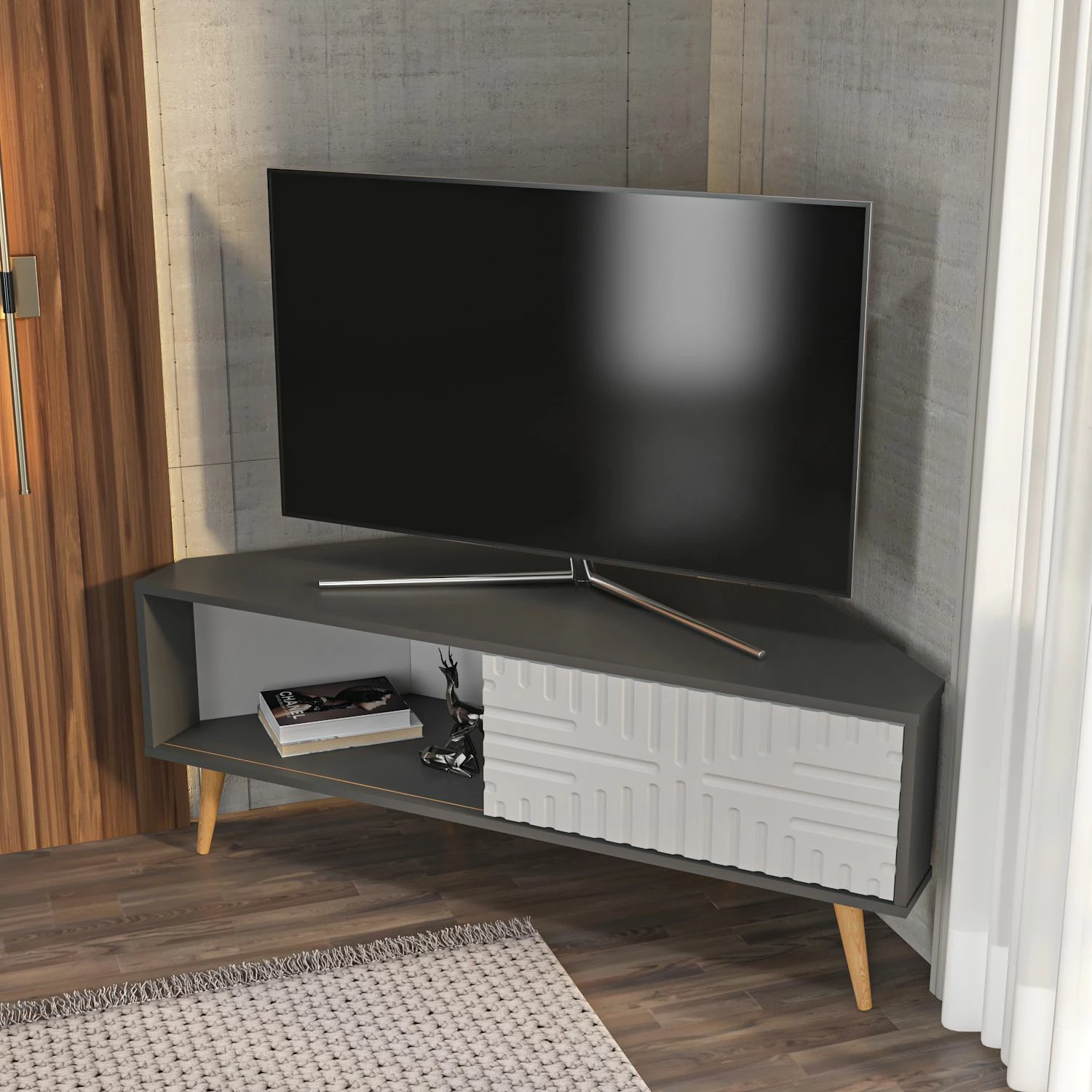 Komodë TV Skye Decor, ngjyrë antracit dhe e bardhë