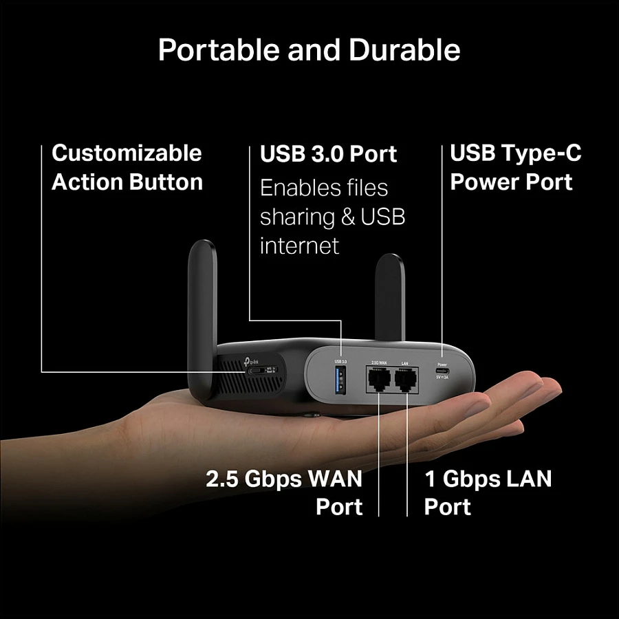 Router portativ TP-Link TL-WR3602BE BE3600, Wi‑Fi 7 dual-band, 2.5GbE, USB 3.0, i zi