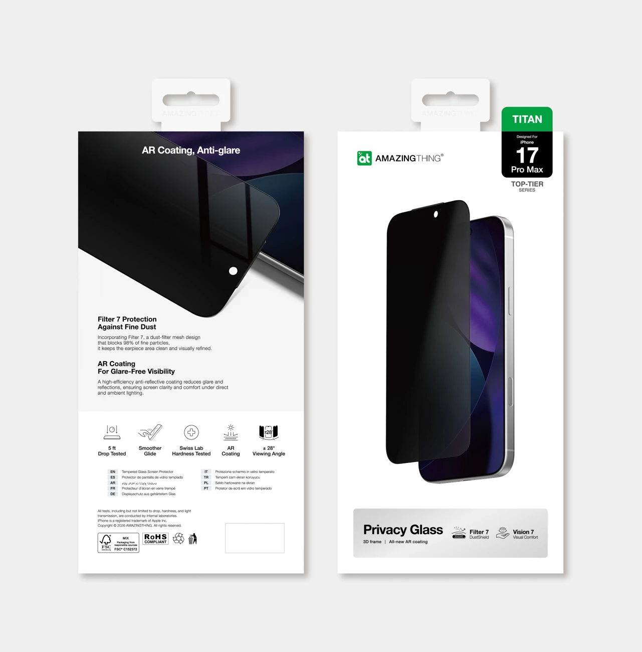 Mbrojtës ekrani xham i temperuar, AmazingThing, Titan Vision 7 Privacy, për iPhone 17 Pro Max, ±28° Privacy Shield, 9H