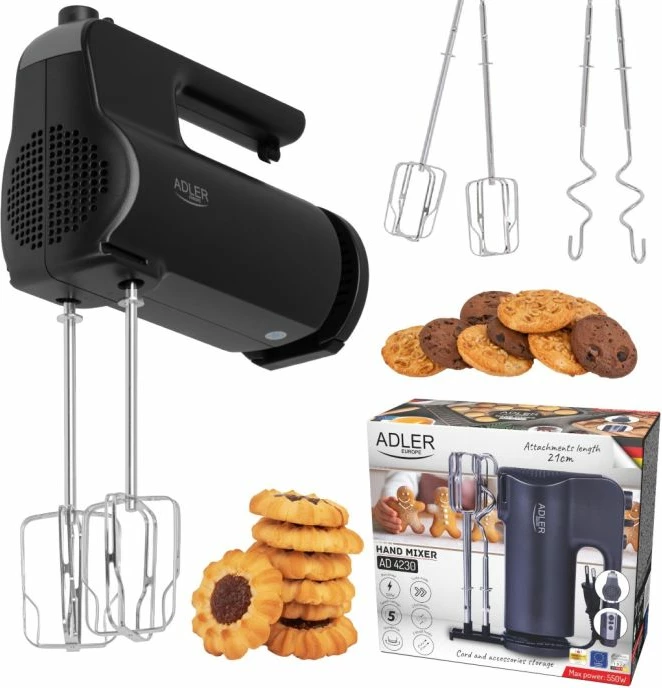 Mikser dore Adler AD4230, 5 shpejtësi, Turbo, 300W/550W, 4 shtojca, me tabakë ruajtjeje, i zi