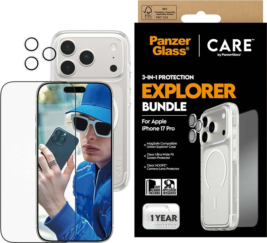 Mbështjellës PanzerGlass CARE 3-in-1 Flagship Explorer Bundle për iPhone 17 Pro transparent