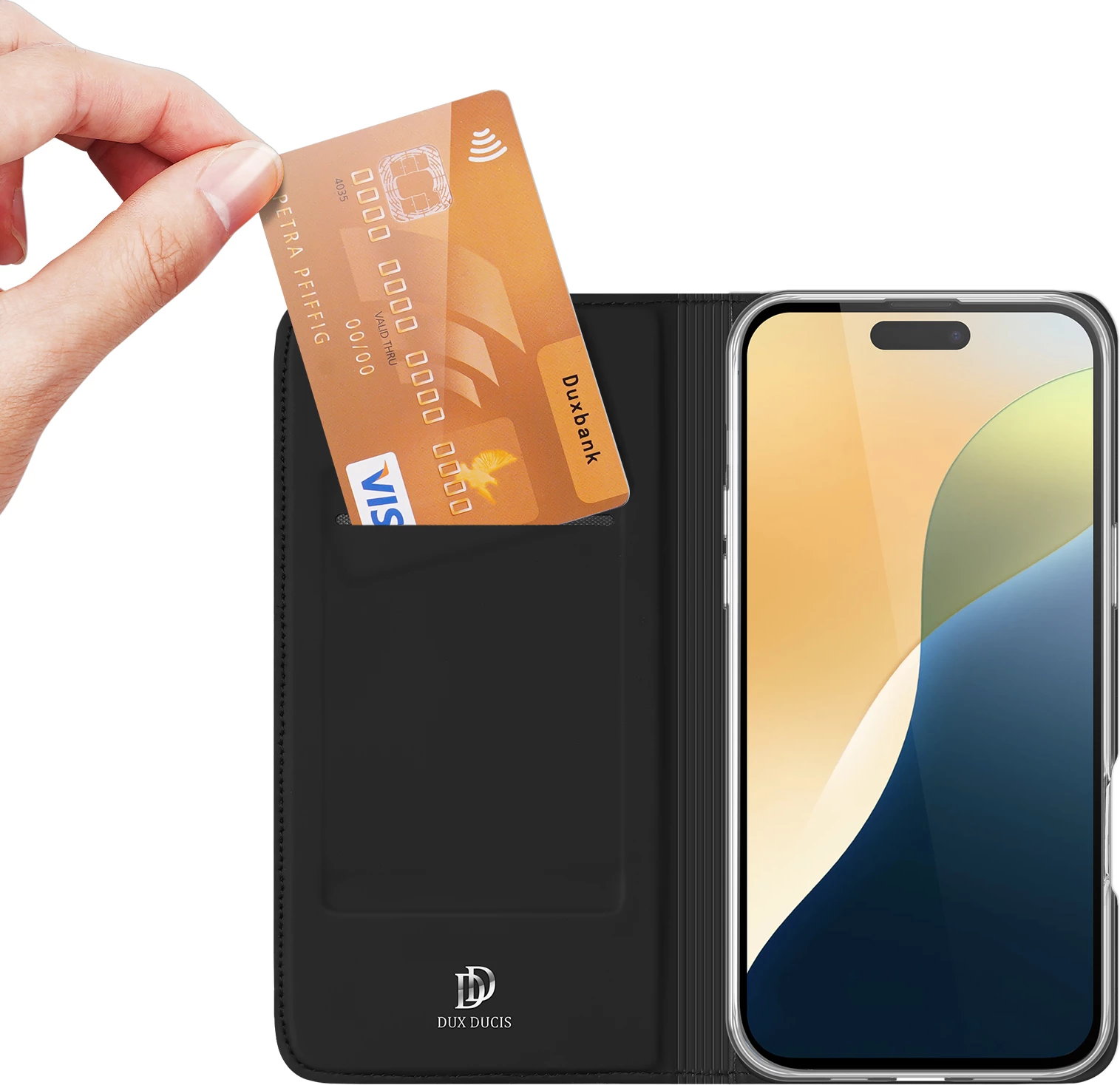 Mbështjellës Dux Ducis Skin Pro për iPhone 16 Plus, me kapak, xhep për kartela, e zezë