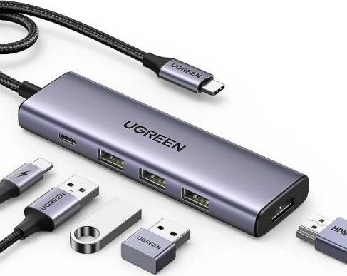 Dock UGREEN 15596 për laptop, 3x USB 3.2 Gen 1 Type-A, 1x USB Type-C, 3x HDMI 2.0, 100W, Alumini