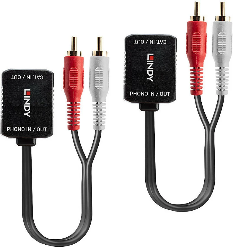 Ekstender audio stereo LINDY Cat5/6, 2x RCA në RJ45, deri 100 m, zi/kuqe/bardhë