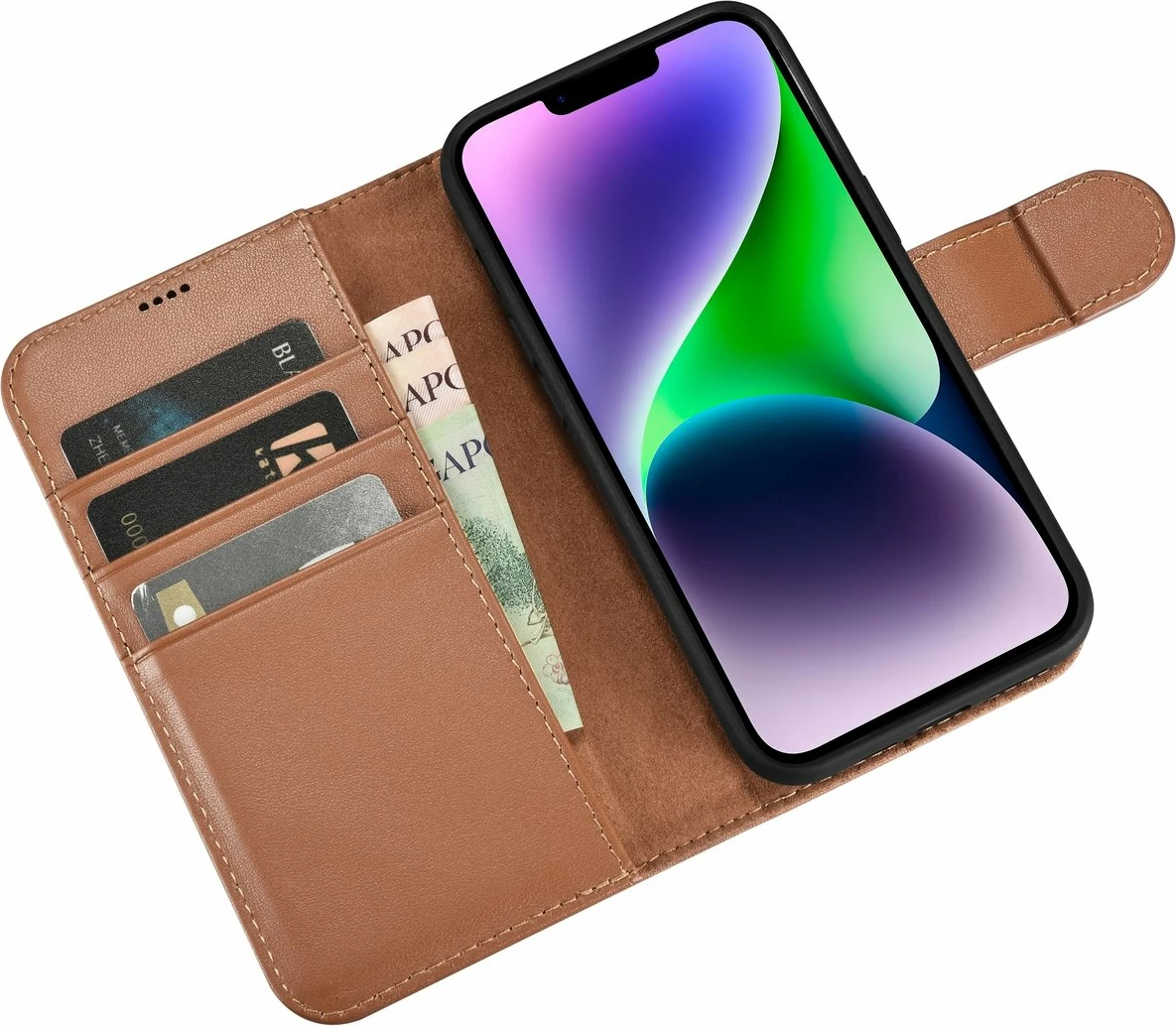 Mbështjellës iCarer Wallet Case 2in1 për iPhone 14, lëkurë, Anti-RFID, Kafe