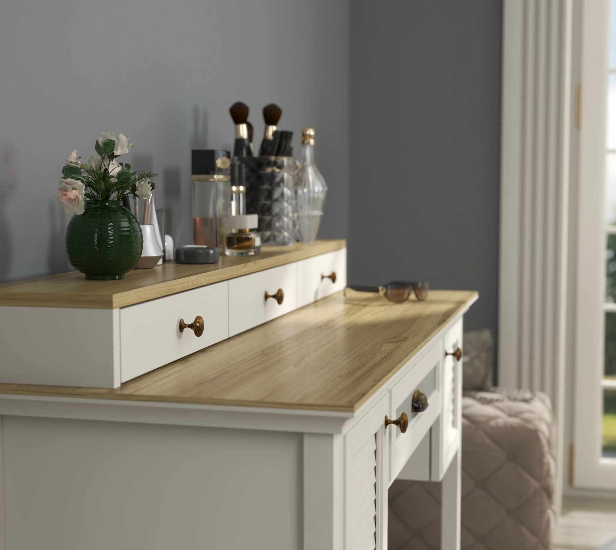 Tavolinë grimi Skye Decor, krem, lis, gri, FRN-21032