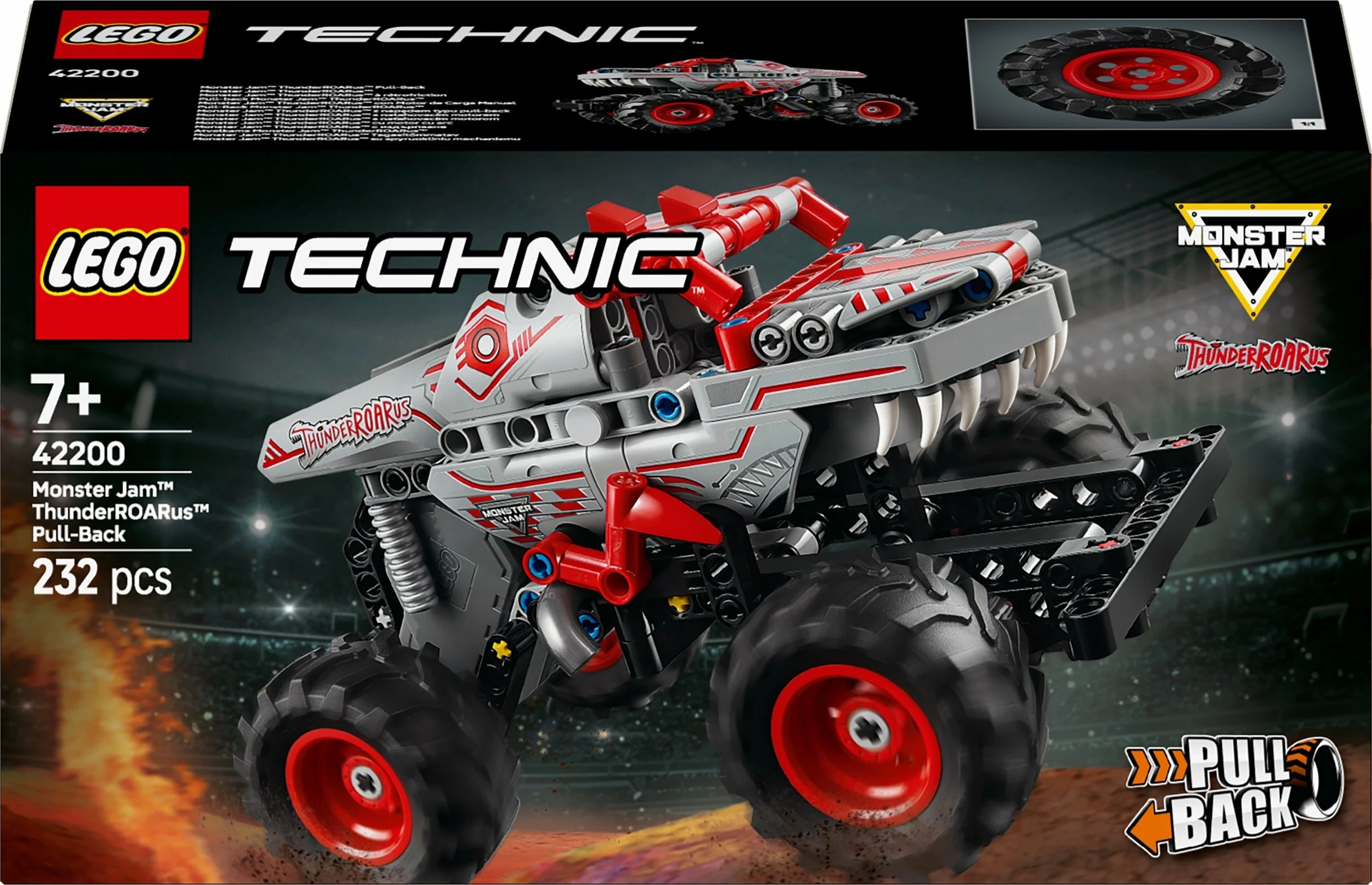 Set ndërtimi LEGO Technic Monster Jam ThunderROARus 42200, 232 copë, Pull-Back, gri/kuqe