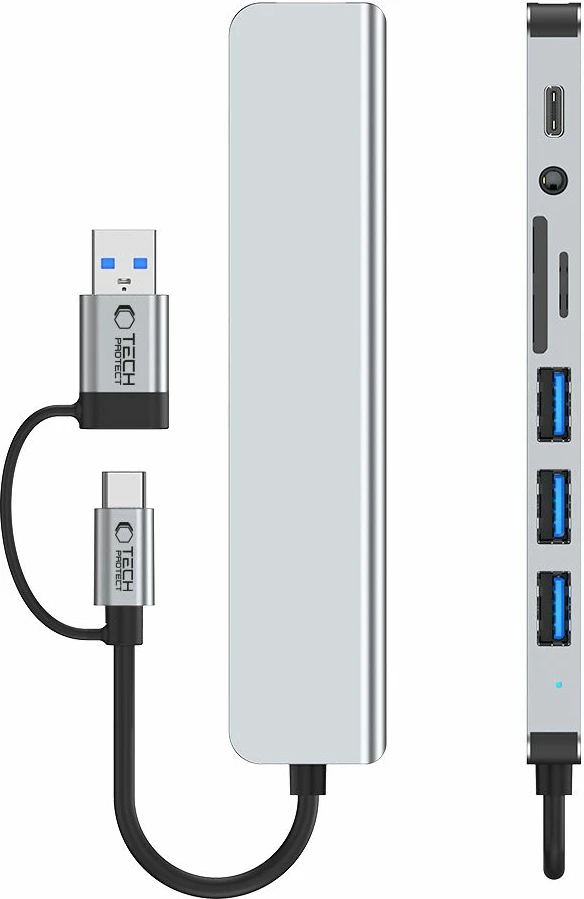 HUB adapter Tech-Protect HB06 8-në-1, Type-C + USB2.0 + USB3.0 + SD/TF + AV3.5, Gri