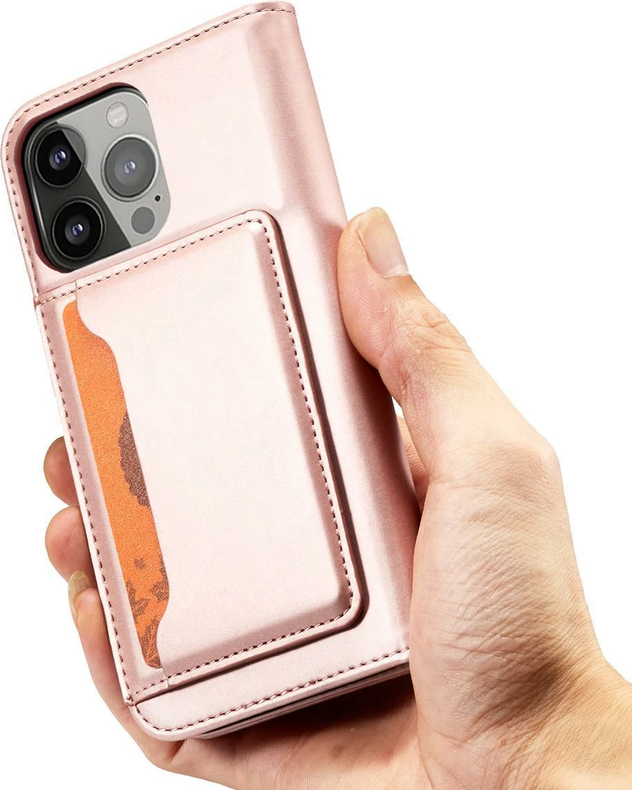 Mbështjellës Hurtel Magnet Card Case për iPhone 14 Pro Max, flip cover, portofol, rozë