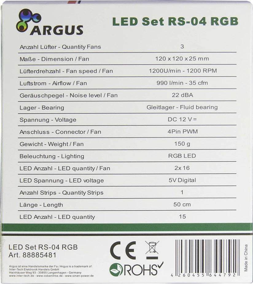 Set ventilatorë RGB Inter-Tech Argus RS-04, 3x 120mm + shirit LED 50cm