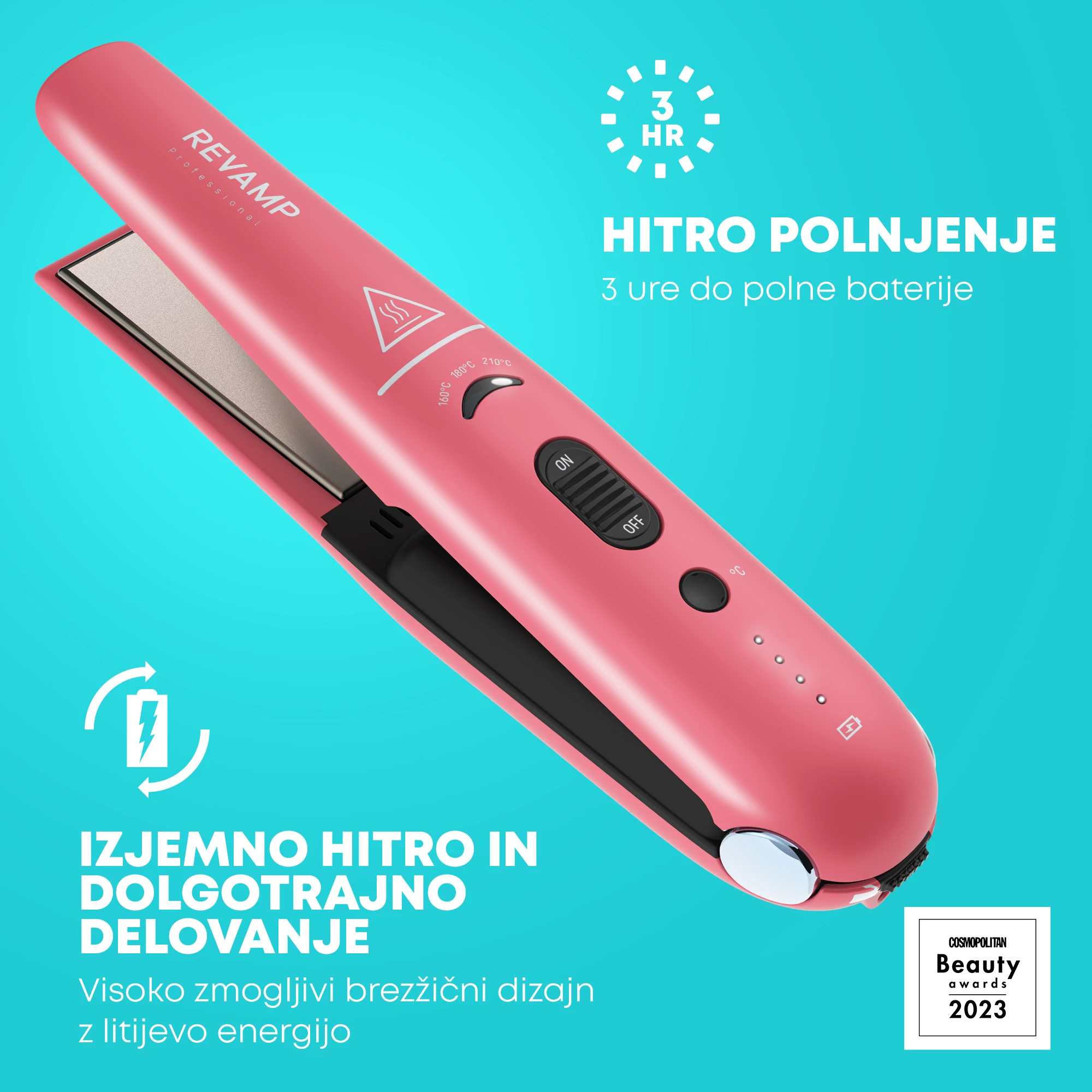 Hekur për flokë Revamp Progloss Liberate ST-1700, cordless, pllaka qeramike jonike, 160-210°C, me çantë udhëtimi, rozë