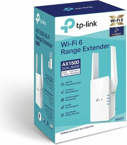 Zgjatues WiFi TP-LINK RE505X AX1500 Dual Band Wi‑Fi 6, 1x Gigabit Ethernet, 2 antena të jashtme, i bardhë