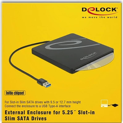Kasë ekstern DeLOCK 42604 për drive optik Slim SATA 5.25" (slot-in), SATA III në USB 3.2 Gen 1 Type-A, 5 Gbit/s, e zezë