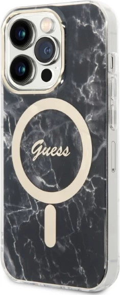 Set mbështjellës Guess Marble Collection me karikues wireless MagSafe për iPhone 14 Pro Max, 6.7", zi/artë