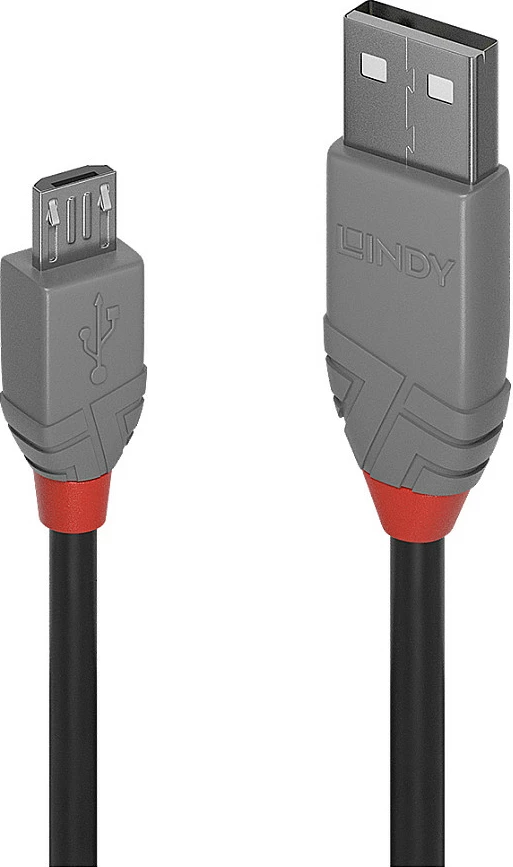 Kabllo USB LINDY Anthra Line, USB-A në Micro-USB B, 2 m, USB 2.0, 480 Mbps, e zezë/gri